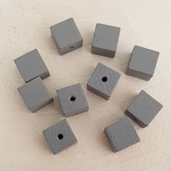10 Perles Bois Cube / Carr&eacute; 10 mm Gris Moyen