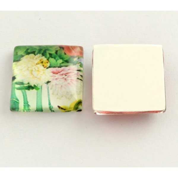 10 cabochons en verre carr&eacute;s 20 mm assortis Fleurs S-22-20-17