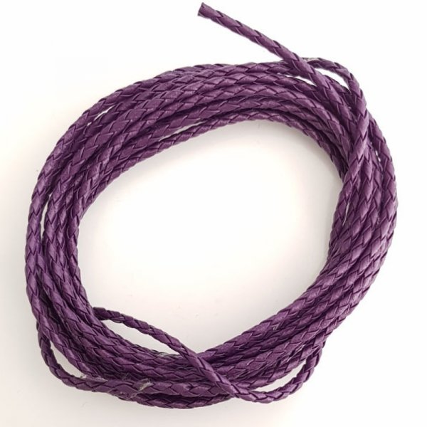 1 m&egrave;tre Cordon rond simili cuir tress&eacute; Violet 3 mm
