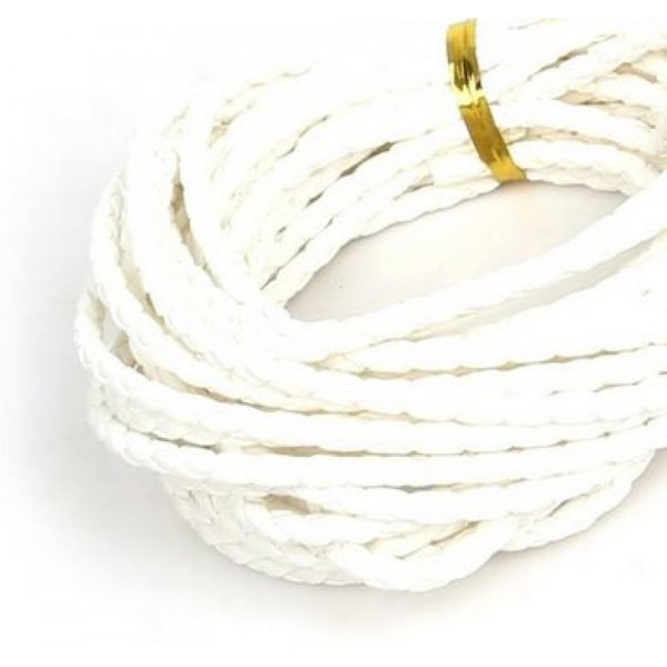 5 m&egrave;tres Cordon rond simili cuir tress&eacute; Blanc 3 mm
