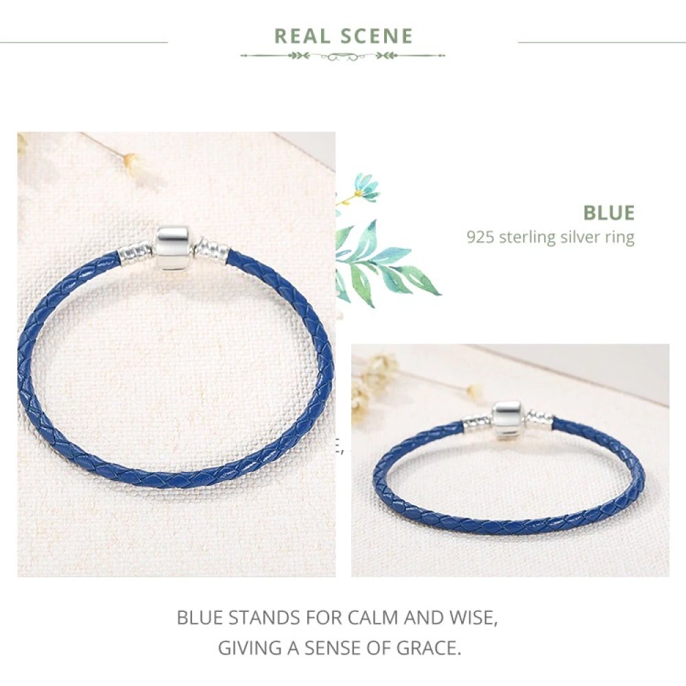 Bracelet Cuir Tressé Bleu 19 cm Fermoir Clip Argent 925