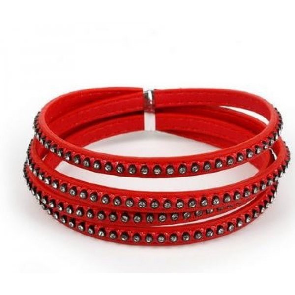 Cuir 06 mm Rouge incrust&eacute; de cristaux en strass 1 m&egrave;tre