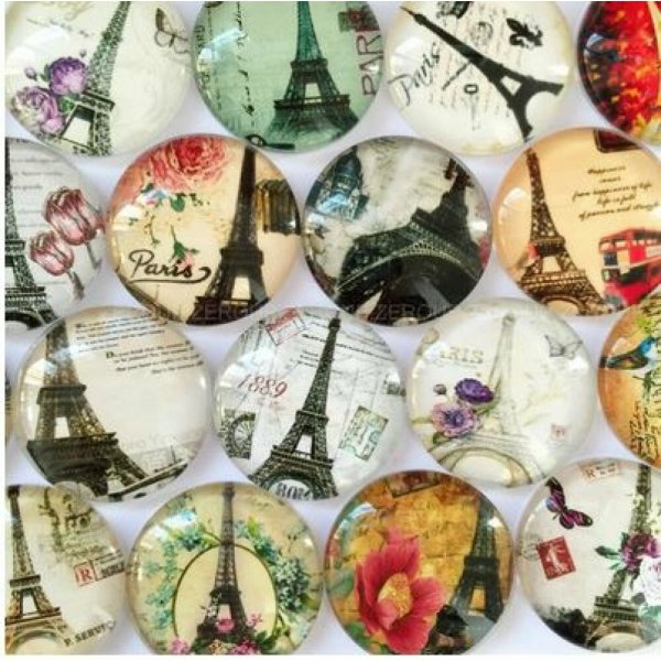 Lot 20 cabochons rond en verre 25mm Tour Eiffel 02 mixte Glass cabochon 
