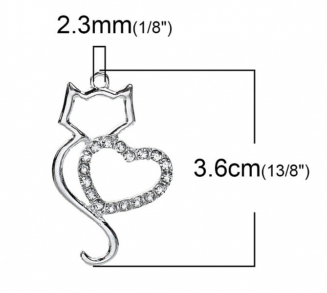 Lot de 3 Breloque Chat N&deg;06 en Alliage de Zinc Chat C&oelig;ur Argent&eacute; Strass Transparent 36 mm x 22 mm