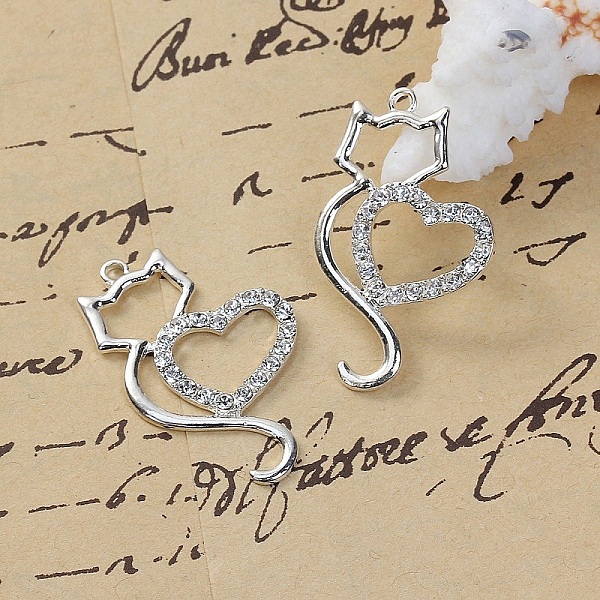 Lot de 3 Breloque Chat N&deg;06 en Alliage de Zinc Chat C&oelig;ur Argent&eacute; Strass Transparent 36 mm x 22 mm