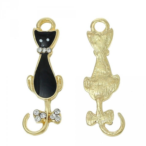 Lot de 5 Breloque Chat N&deg;08 Chat Dor&eacute; Noir N&oelig;uds Papillons &agrave; Strass Transparent Email 36 mm x 11 mm