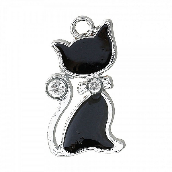 Lot de 5 Breloque Chat N&deg;05 en Alliage de Zinc Email Argent Mat Noir &agrave; Strass Transparent 29 mm x 16 mm