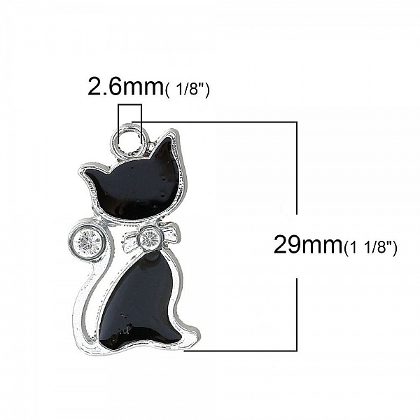 Lot de 5 Breloque Chat N&deg;05 en Alliage de Zinc Email Argent Mat Noir &agrave; Strass Transparent 29 mm x 16 mm