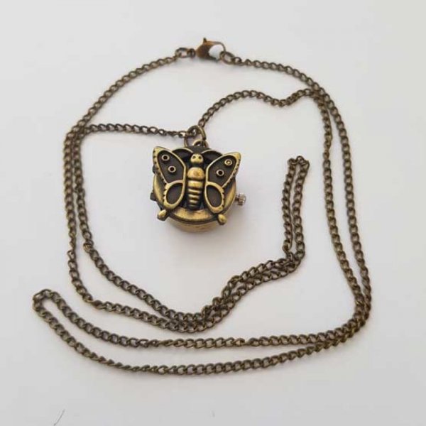 Montre Gousset Papillon Bronze Antique avec Cha&icirc;ne