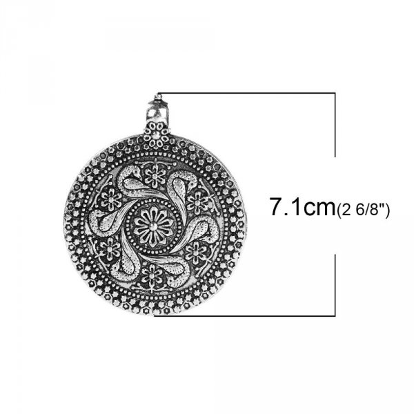 Pendentif N&deg;000 Style Boh&egrave;me en Alliage Rond Fleur Argent Vieilli 71 mm x 59 mm
