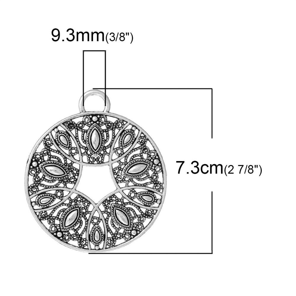 Pendentif N°000 en Alliage Rond Fleur Creux Argent Vieilli 73 mm x 64 mm