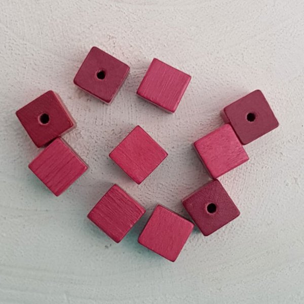 Perle Bois Cube / Carr&eacute; 10 mm Vieux Rose