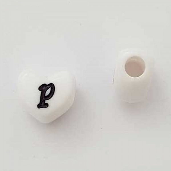 Perle C&oelig;ur Lettre P Blanc Noir 11mm