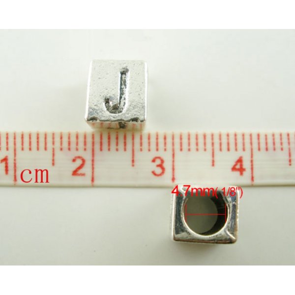 Perle carr&eacute; charms alphabet N&deg;01 lettre J m&eacute;tal argent&eacute; 7x7 mm