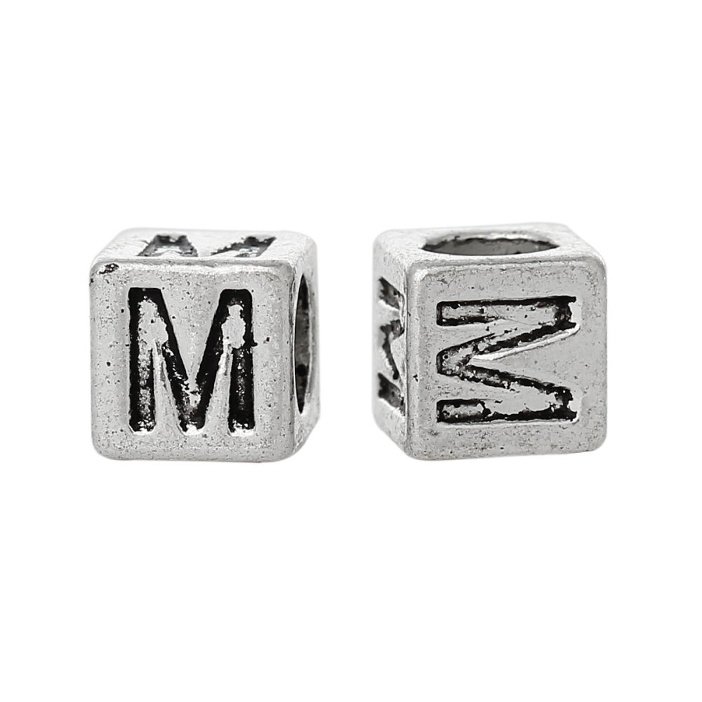 Perle carré charms alphabet N°01 lettre M métal argenté 7x7 mm