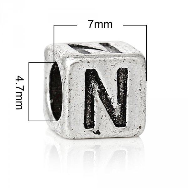 Perle carr&eacute; charms alphabet N&deg;01 lettre N m&eacute;tal argent&eacute; 7x7 mm