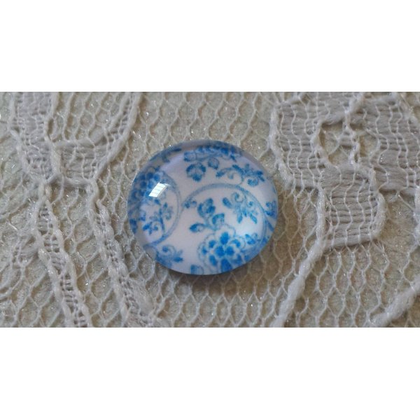 cabochon rond en verre 12mm fleur bleu 014 