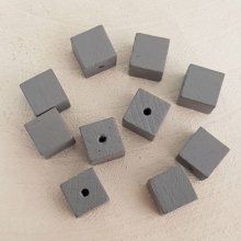10 Perles Bois Cube / Carré 10 mm Gris Moyen