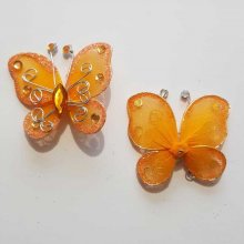 Lot de 2 Papillons Tissus et Strass Orange