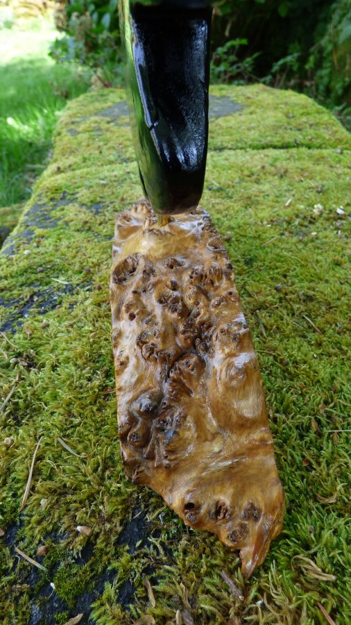 "Black moon" sculpture en mélèze avec son socle en loupe de peuplier