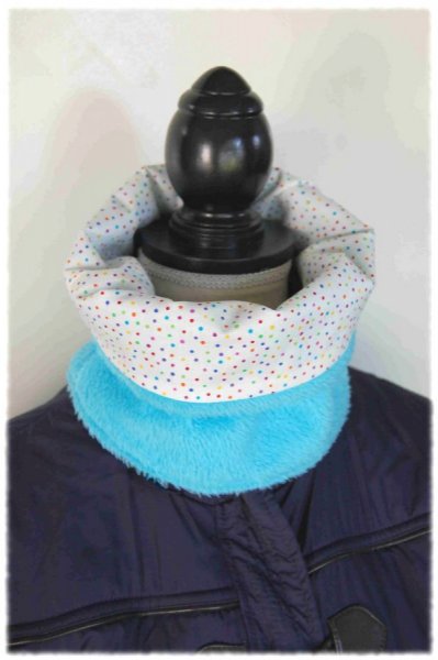 Echarpe fermée pour enfant en polaire bleu turquoise et coton petits pois multicouleurs