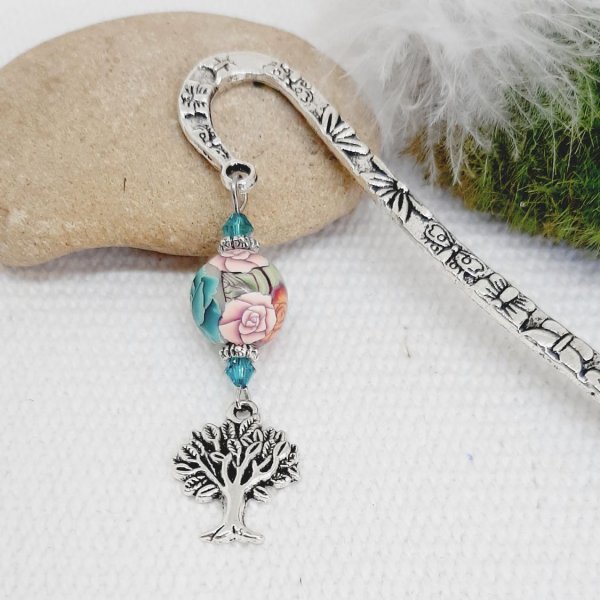 marque page argent&eacute; avec signet uni et pendentif symbole arbre de vie et une perle gris blanc