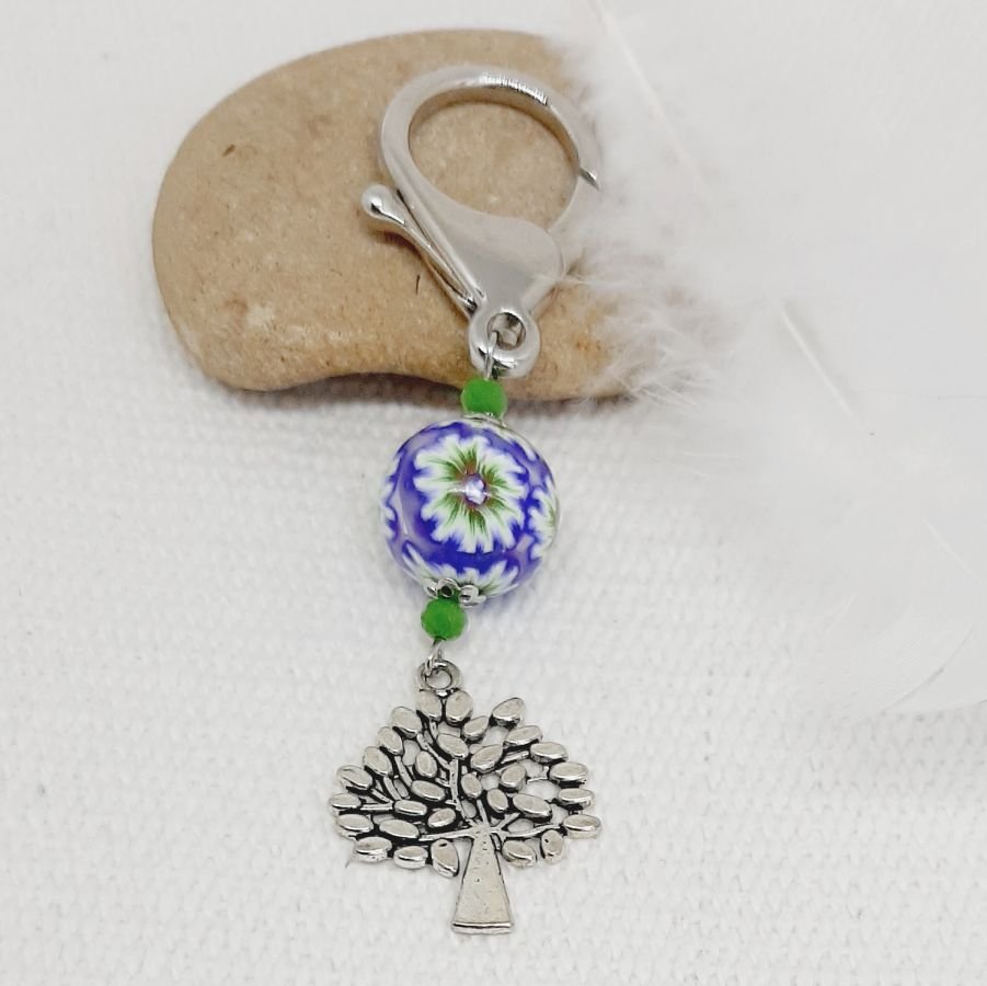 porte clé mousqueton original et symbole arbre de vie argenté et perle faite main 