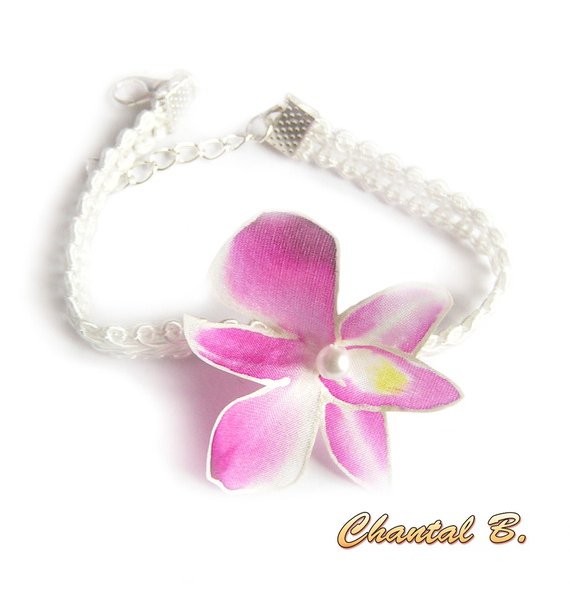 Bracelet Orchidée Adaptable En Bandeau Cheveux Dentelle Guipure Blanche Et Sa Fleur Orchidée De Soie Rose Mariage