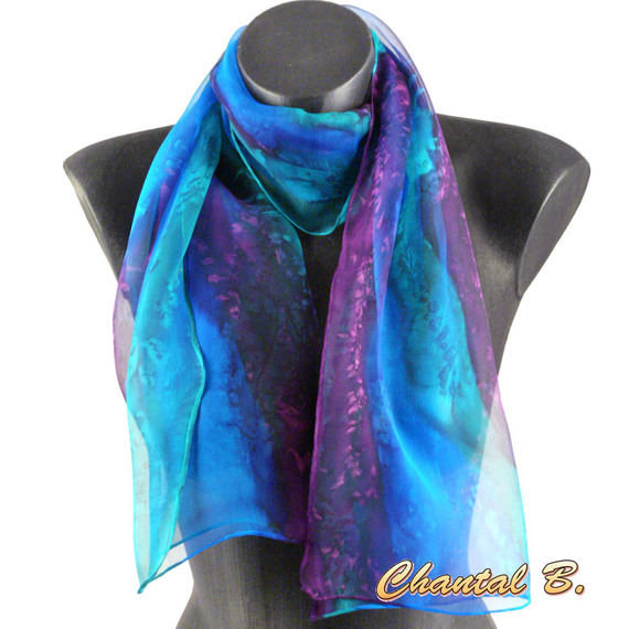 long foulard mousseline de soie écharpe peint main dégradé turquoise violet emeraude