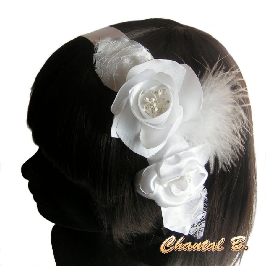 bandeau de cheveux cérémonie mariage blanc fleurs de satin dentelle plumes
