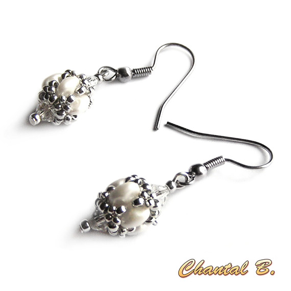 boucles d'oreilles mariage perles swarovski cristal perles de verre blanc nacré et argent