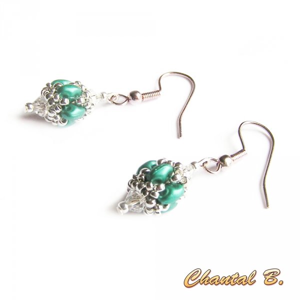 boucles d'oreilles mariage perles swarovski cristal perles de verre corail nacr&eacute; et argent
