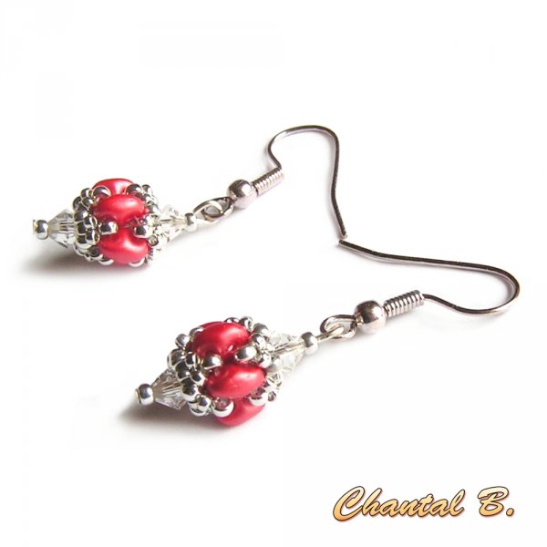 boucles d'oreilles mariage perles swarovski cristal perles de verre corail nacr&eacute; et argent