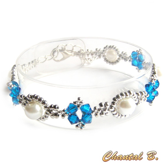 bracelet cristal swarovski bleu perles nacrées et argent tissées