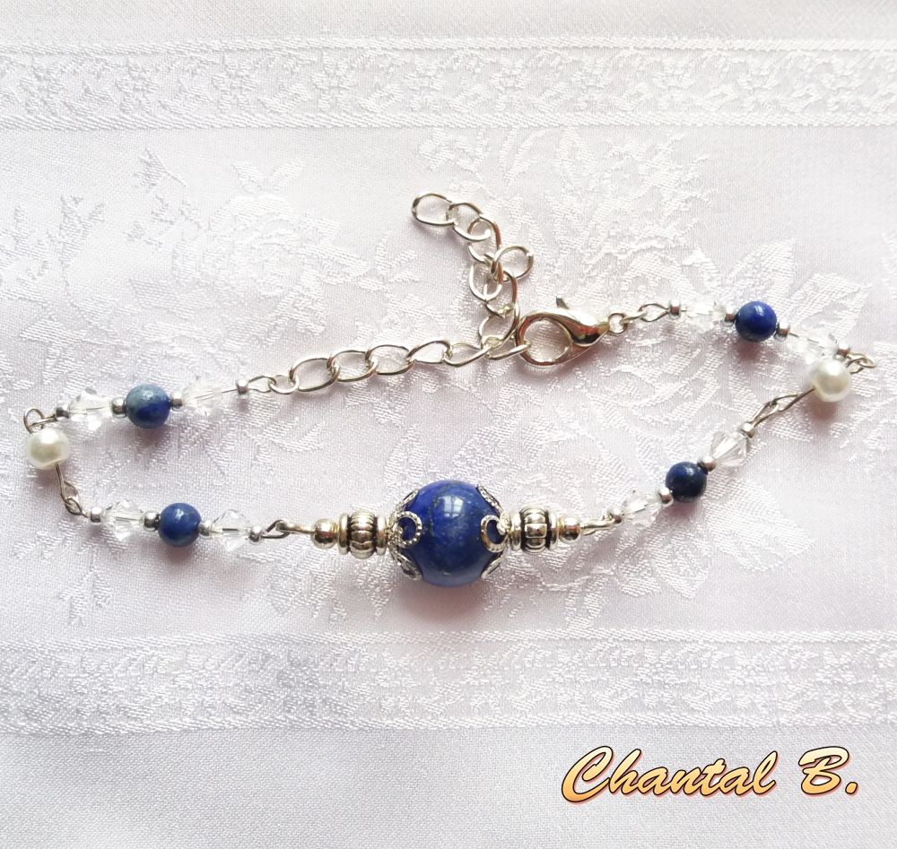 bracelet perles lapis lazuli swarovski cristal et perles nacrées argent