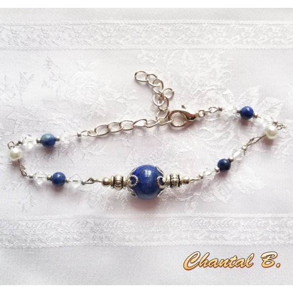 bracelet perles lapis lazuli swarovski cristal et perles nacr&eacute;es argent