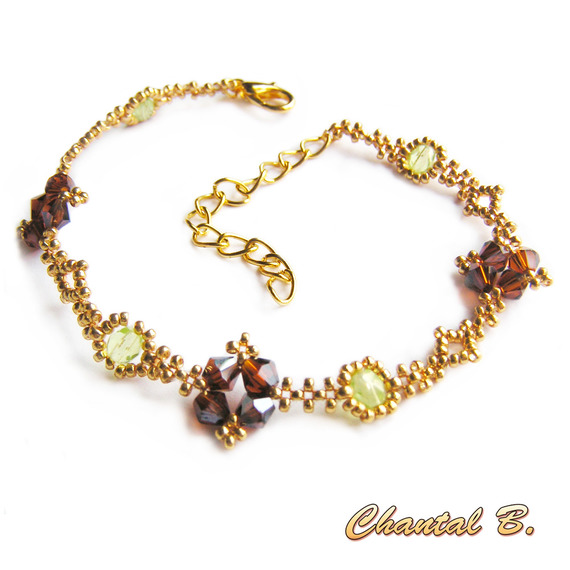 bracelet perles tissées swarovski bronze boheme vertes et doré