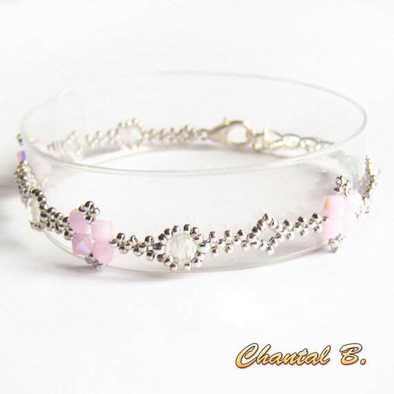bracelet swarovski perles tissées swarovski rose AB boheme cristal et argent romantique mariage