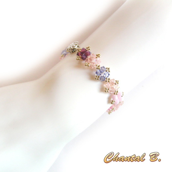 bracelet swarovski rose mauve fuchsia romantique perles tissées swarovski cristal rose et argent