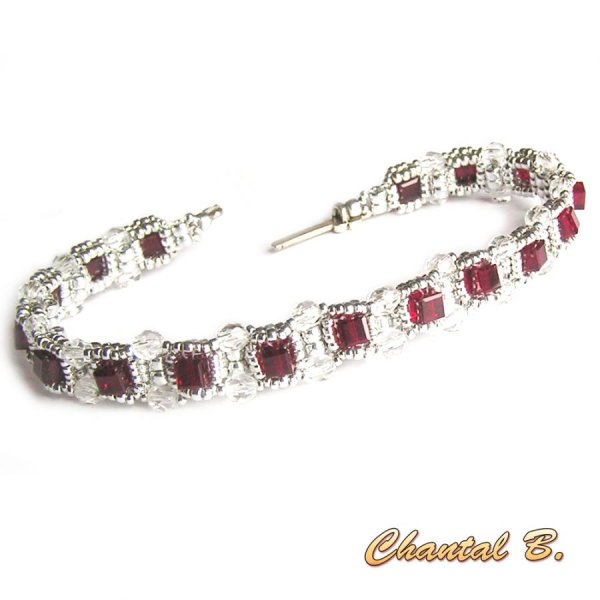 bracelet Saint Valentin swarovski siam cube précieux perles tissées swarovski et argent