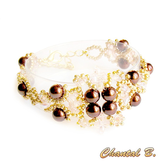 bracelet tissé perles nacrées chocolat perles transparentes saumon et or mariage soirée