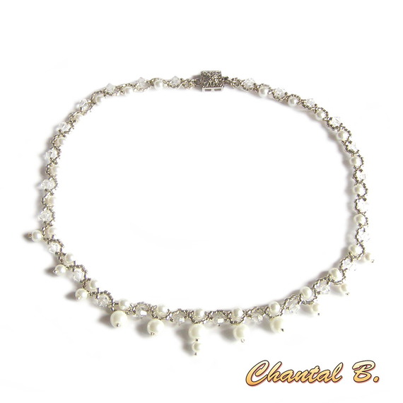 collier tissé perles nacrées blanches perles swarovski cristal et argent mariage soirée