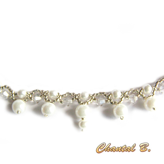 collier tissé perles nacrées blanches perles swarovski cristal et argent mariage soirée