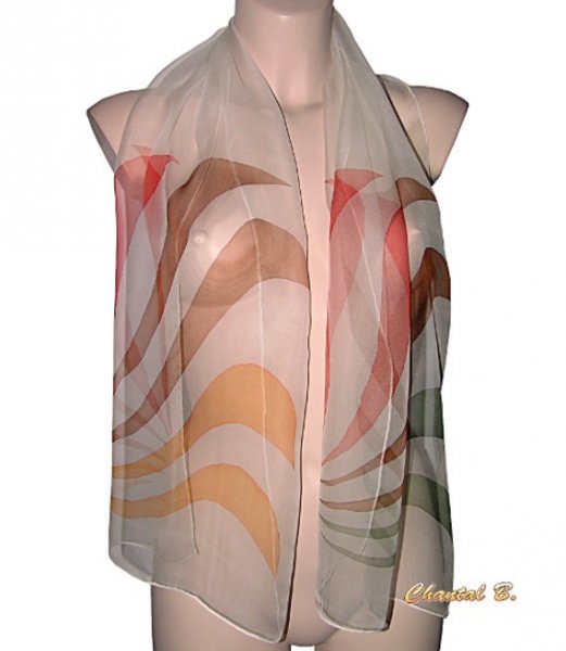 foulard écharpe mousseline de soie vert amande corail marron