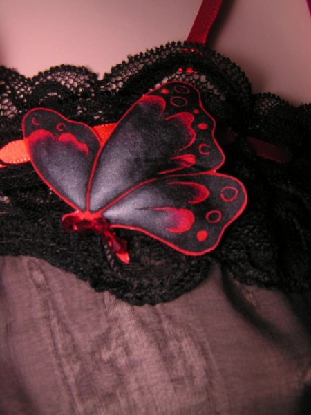 Lingerie Saint Valentin ensemble déshabillé noir soie papillon rouge Alix