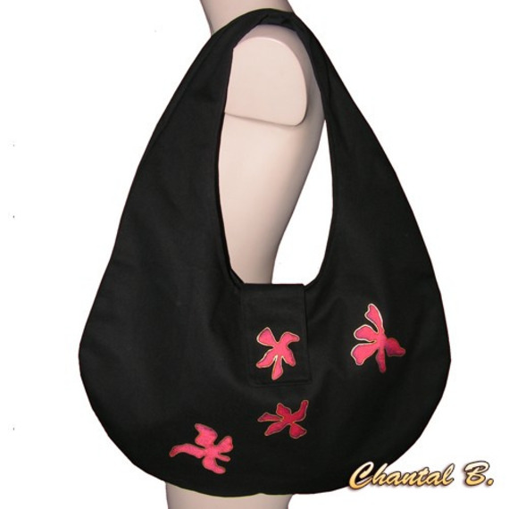 sac à main rouge à porter à l'épaule Tahiti tissu coton noire et fleurs soie rouge