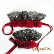 Bracelets dentelle noire et argent fourrure et guipure sequins rouge