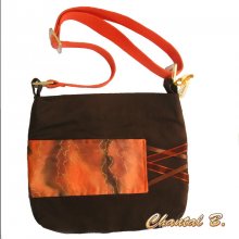 sac à main coton chocolat et soie orange peinte Marion bandoulière réglable
