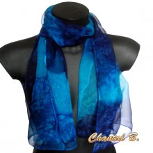 long foulard écharpe mousseline de soie dégradé bleu et marine peint main 180CM