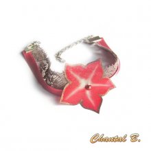 Bracelet adaptable en bandeau sur commande dentelle taupe satin et sa fleur soie rose saumon peinte
